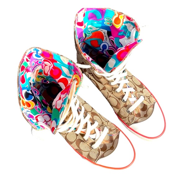 Coach Shoes - Coach Monogram Multicolor Pink Leather High Top Sneakers